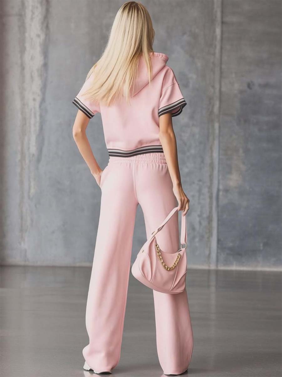 Elegant Fashion Sporty Hooded Front Zipper Short-sleeved Pink Cotton Top And Pants Set