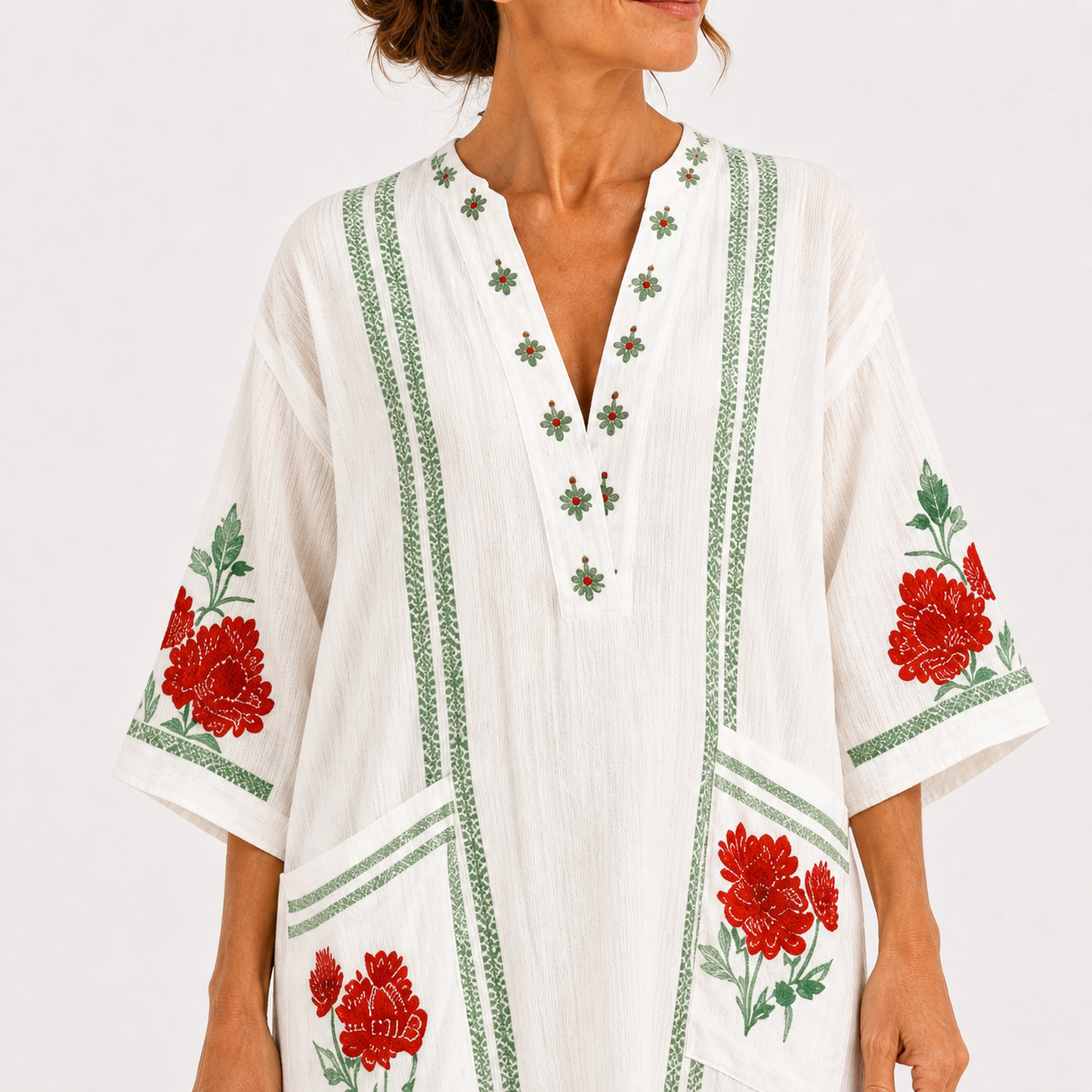 Rosa | Caftan Blanc à Imprimé Roses