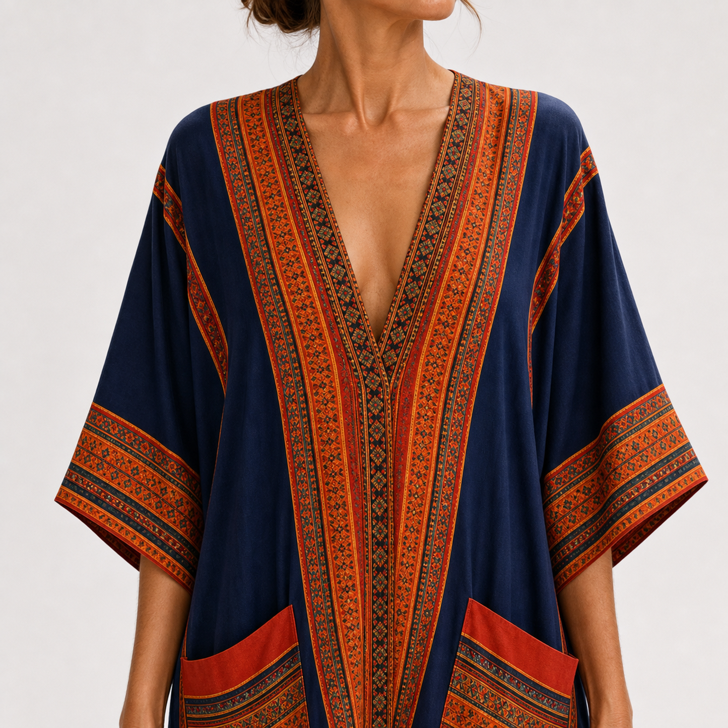 Samira | Caftan Bleu à Imprimé Ethnique