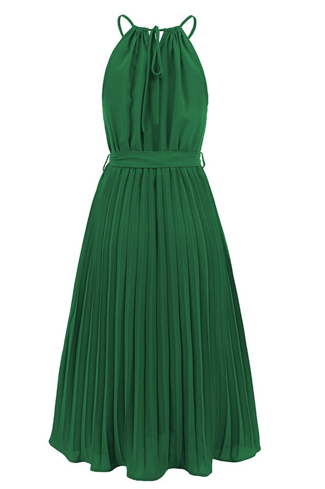 Robe Midi Évasée à Bretelles Spaghetti et Taille Cintrée Plissée
