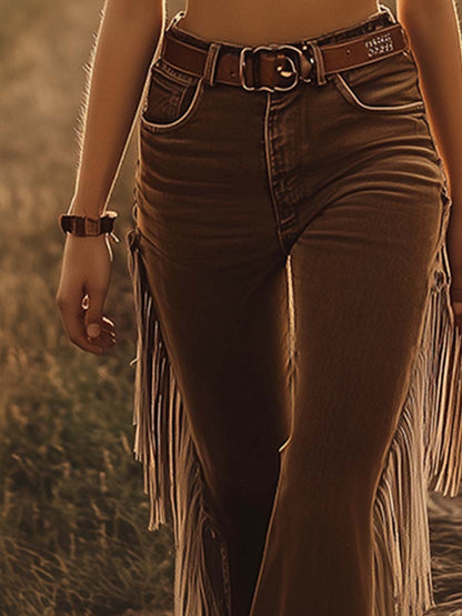 Vintage Western Brown Fringe Flared Jeans