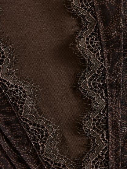 Elegant V-neck Lace Print Mocha Brown Long-sleeved Shirt