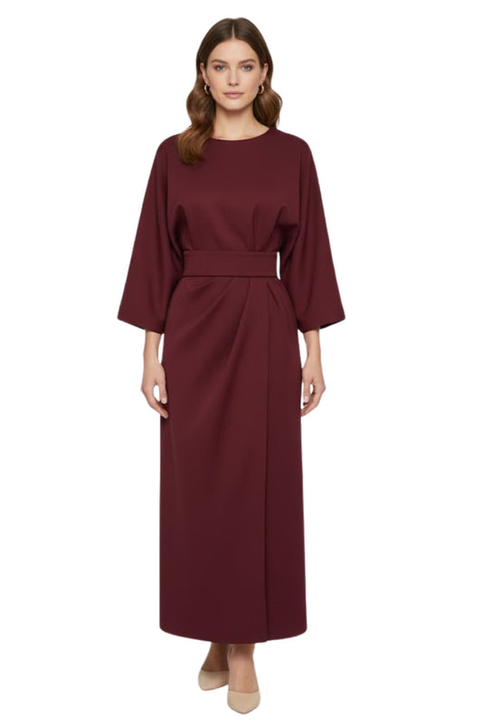 Robe longue femme à manches chauve-souris et taille marquée silhouette fluide