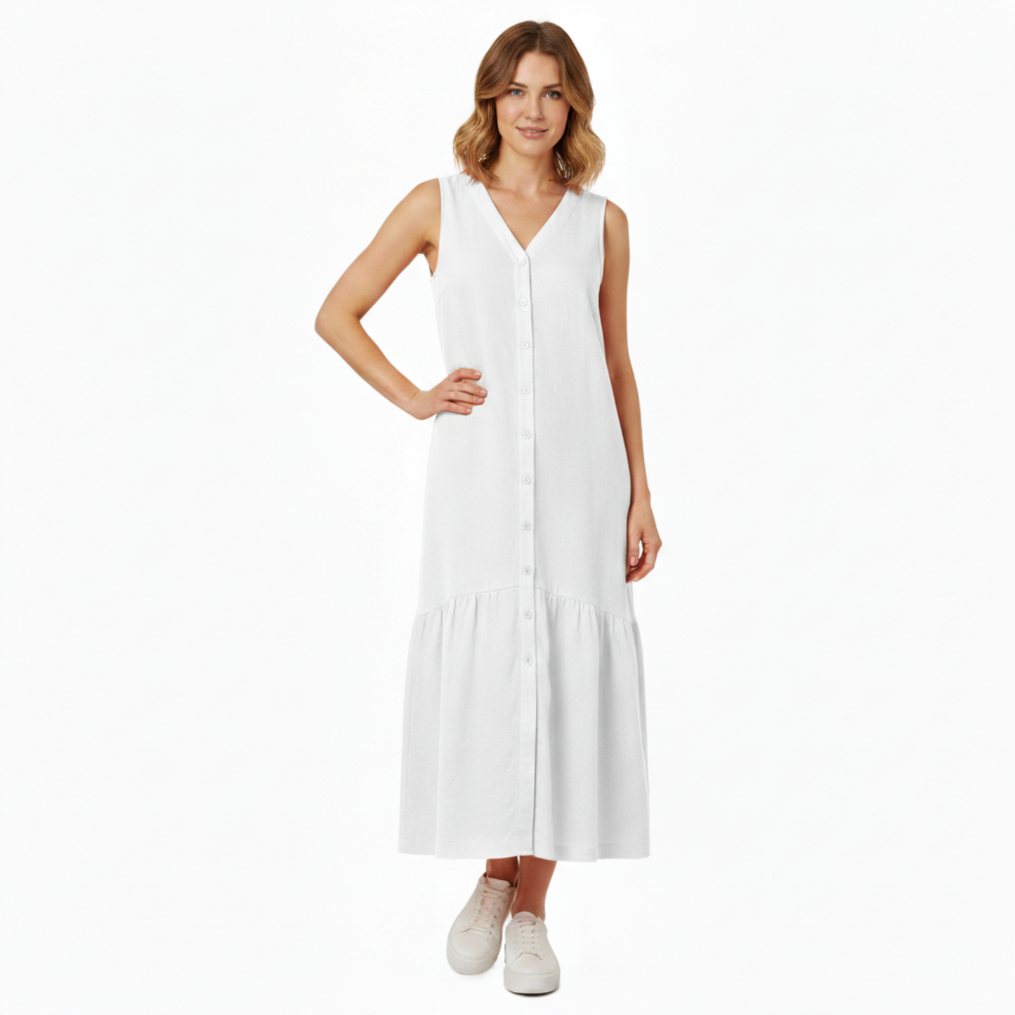 Robe midi pour femmes en coton et lin, sans manches, col en V, coupe évasée A avec poches