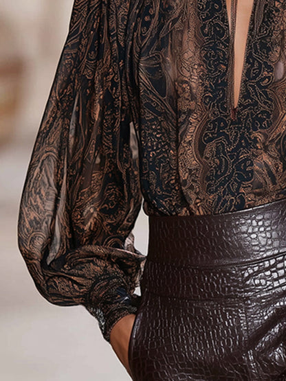 Premium Printed V-Neck Mocha Brown Printed Long Sleeve Shirt