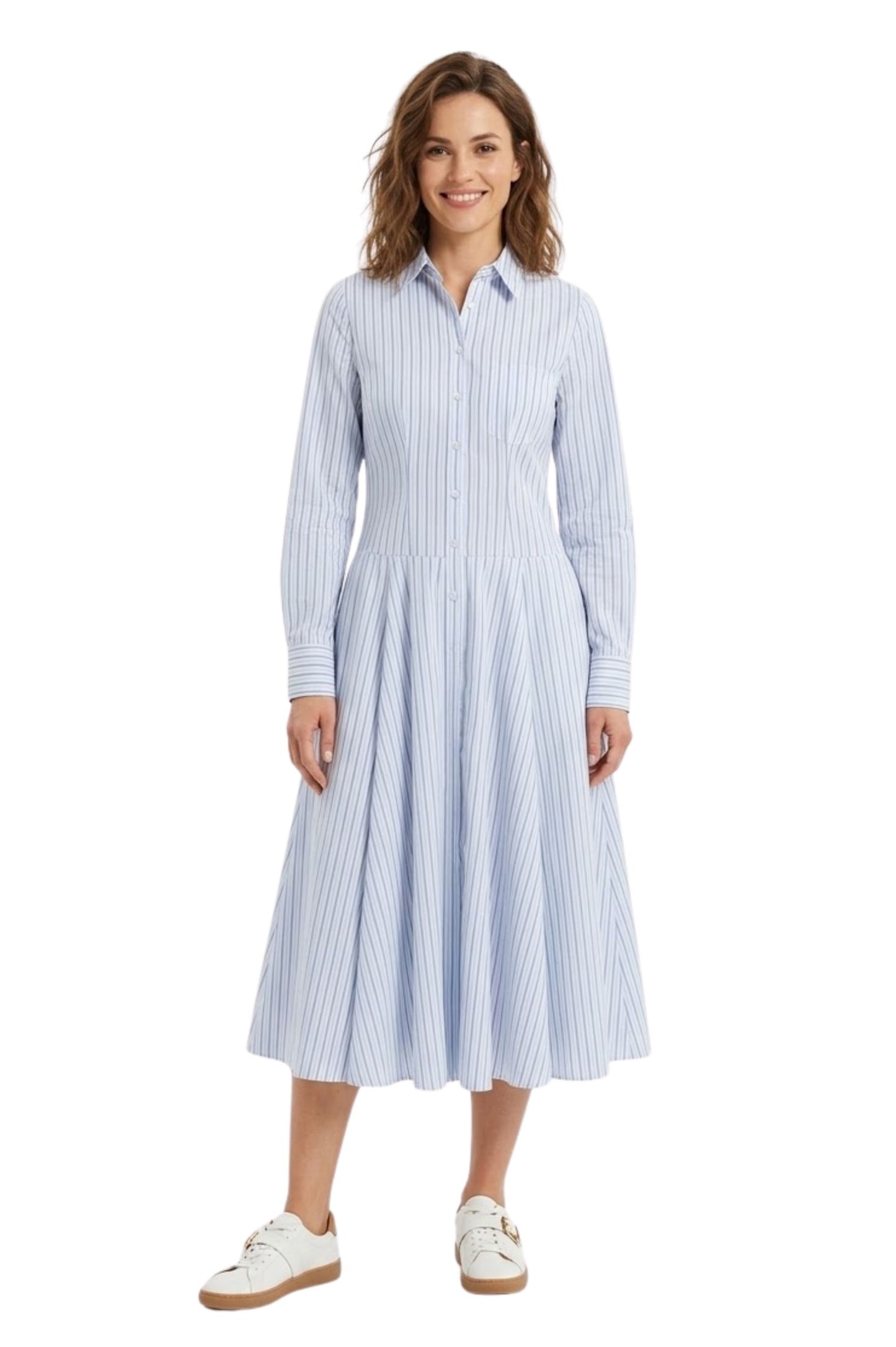 Robe Longue Rayée pour Femmes avec Col à Revers et Manches Longues Boutonnées