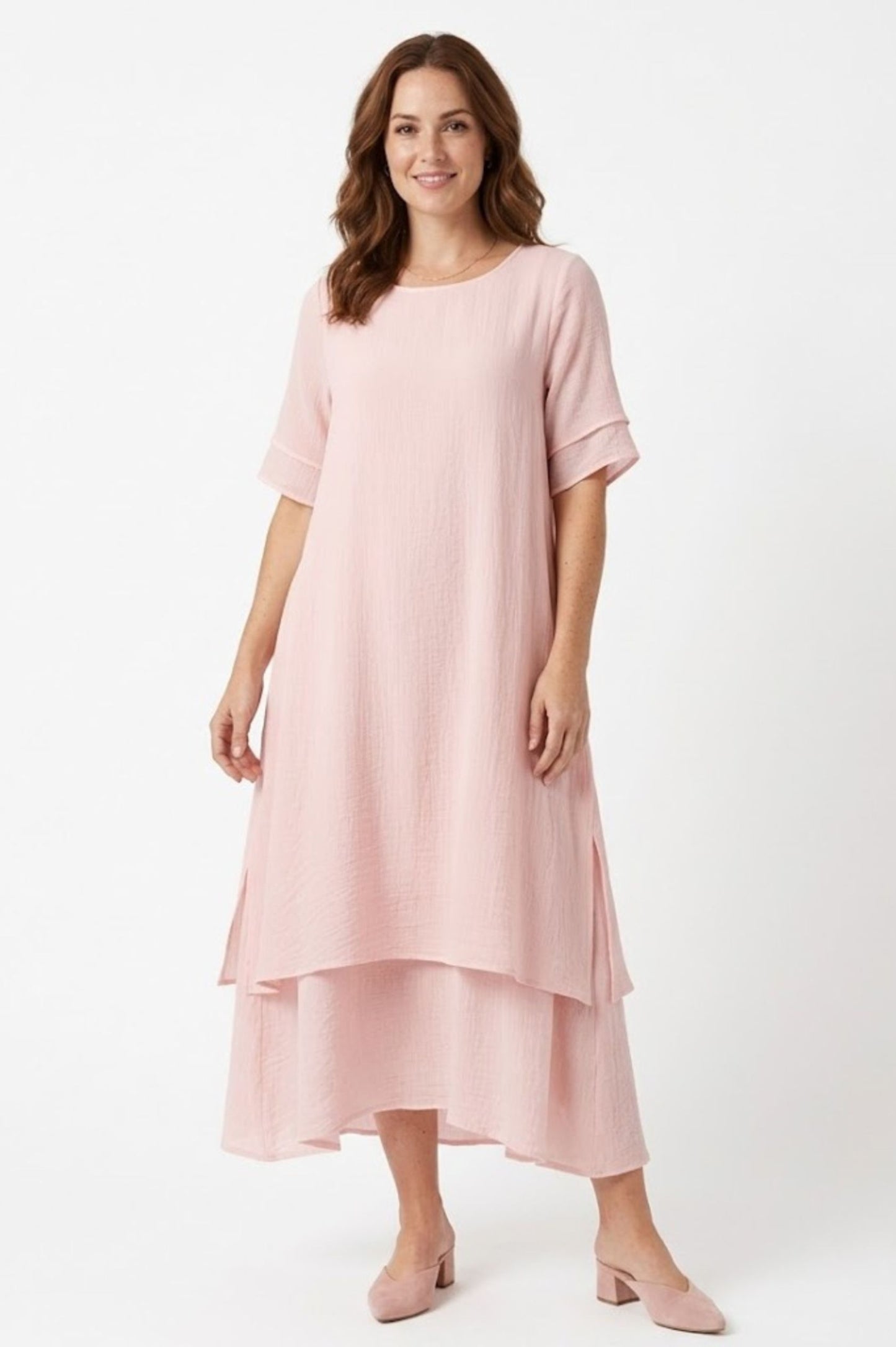 Robe Midi Ample à Manches Courtes et Superpositions pour Femmes