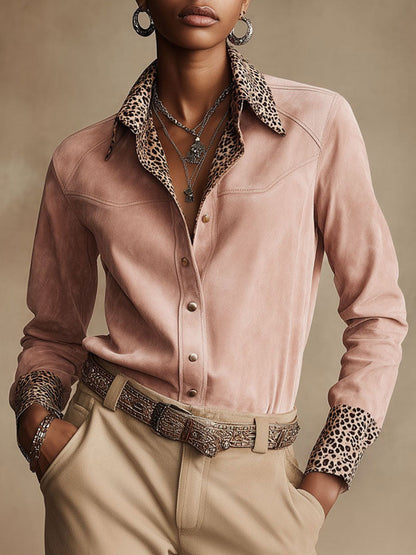 Western Retro Leopard Print Pink Faux Suede Long-Sleeve Shirt