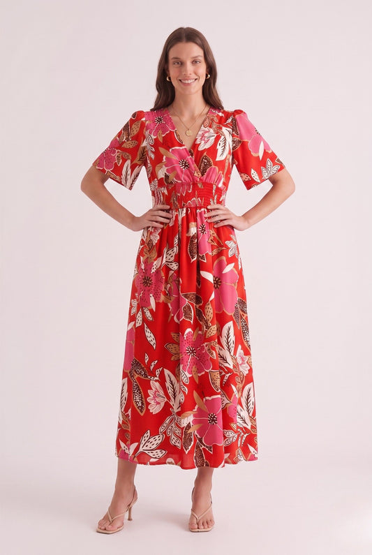 Robe Mi-Longue Rouge Florale à Col V et Taille Smockée