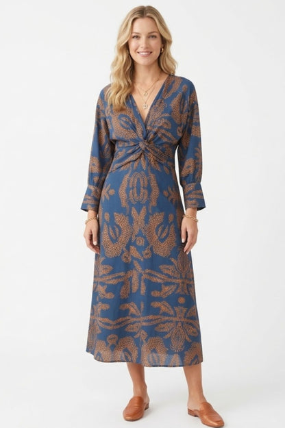 Robe Midi à Manches Longues avec Noeud Frontal et Imprimé pour Femmes