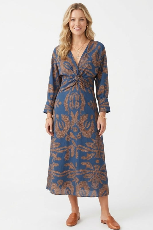 Robe Midi à Manches Longues avec Noeud Frontal et Imprimé pour Femmes