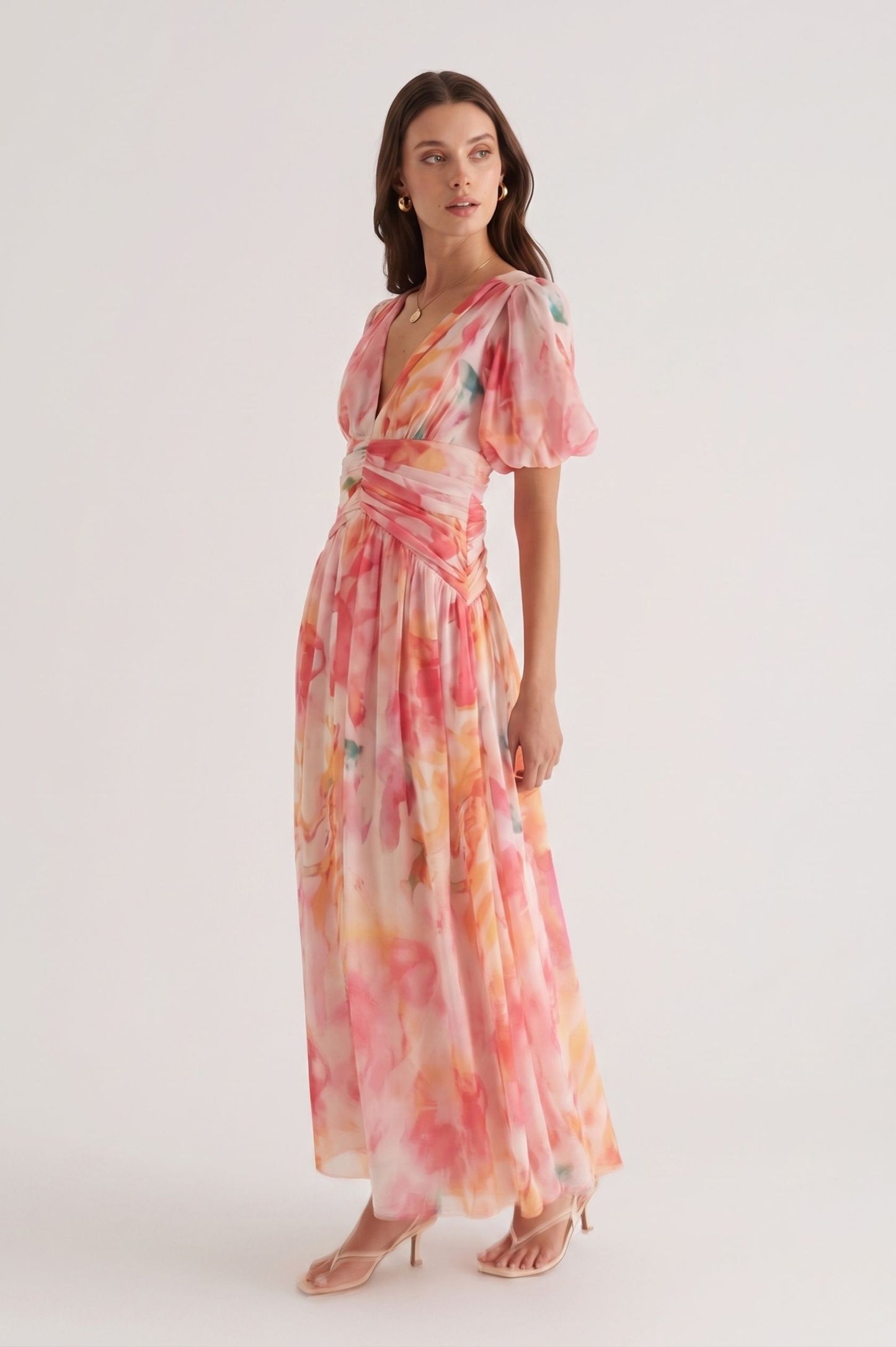 Robe Maxi "Aura Florale" en Mousseline – Rose Pastel & Corail