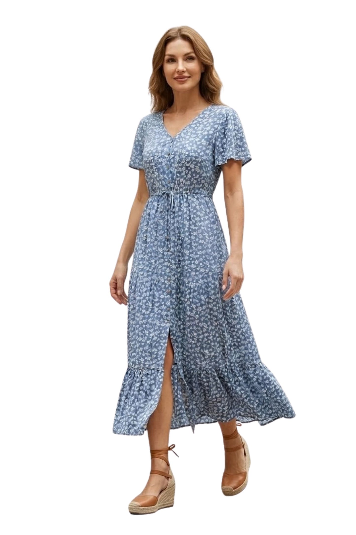 Robe Longue en Coton Fleurie à Col V avec Boutons Frontaux pour Femmes