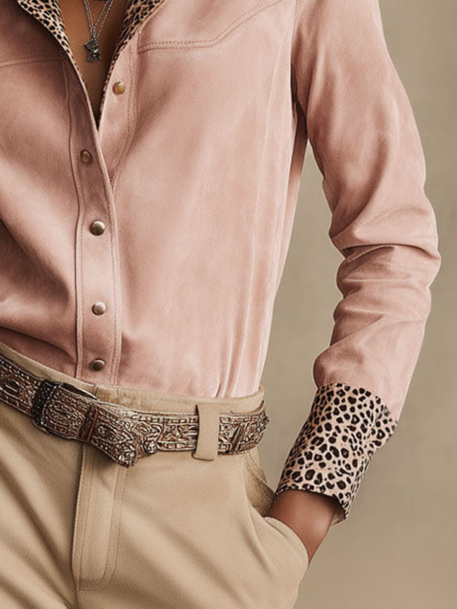 Western Retro Leopard Print Pink Faux Suede Long-Sleeve Shirt