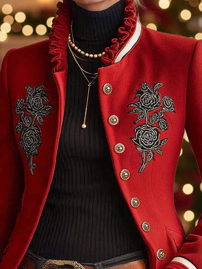 Ruffled Stand-up Collar Single-breasted Rose Embroidered Jacket