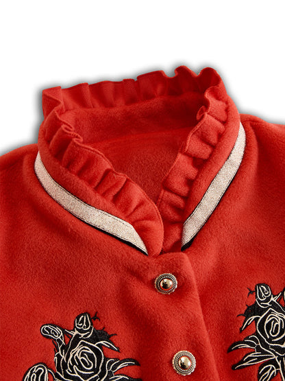 Ruffled Stand-up Collar Single-breasted Rose Embroidered Jacket