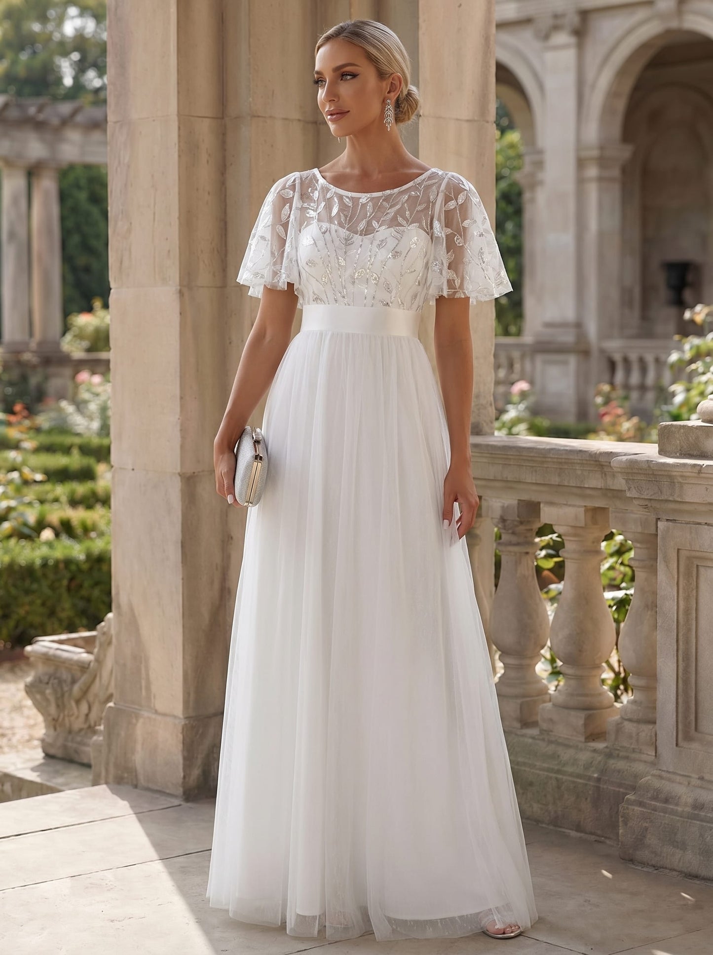 ever SAPHIR|Women's A-Line Short Sleeve Embroidery Floor Length Wedding Guest Dresses