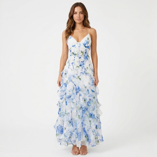 Robe Longue Fleurie à Volants avec Bustier Corset et Fines Bretelles