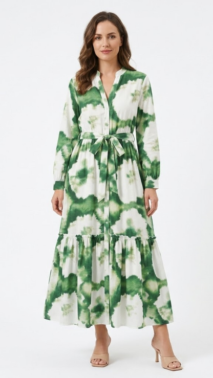 Robe Longue Fluide à Imprimé Floral avec Col en V et Manches Longues Bouffantes