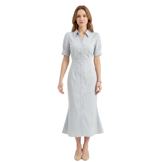 Robe Longue Évasée à Manches Courtes et Boutonnage pour Femmes