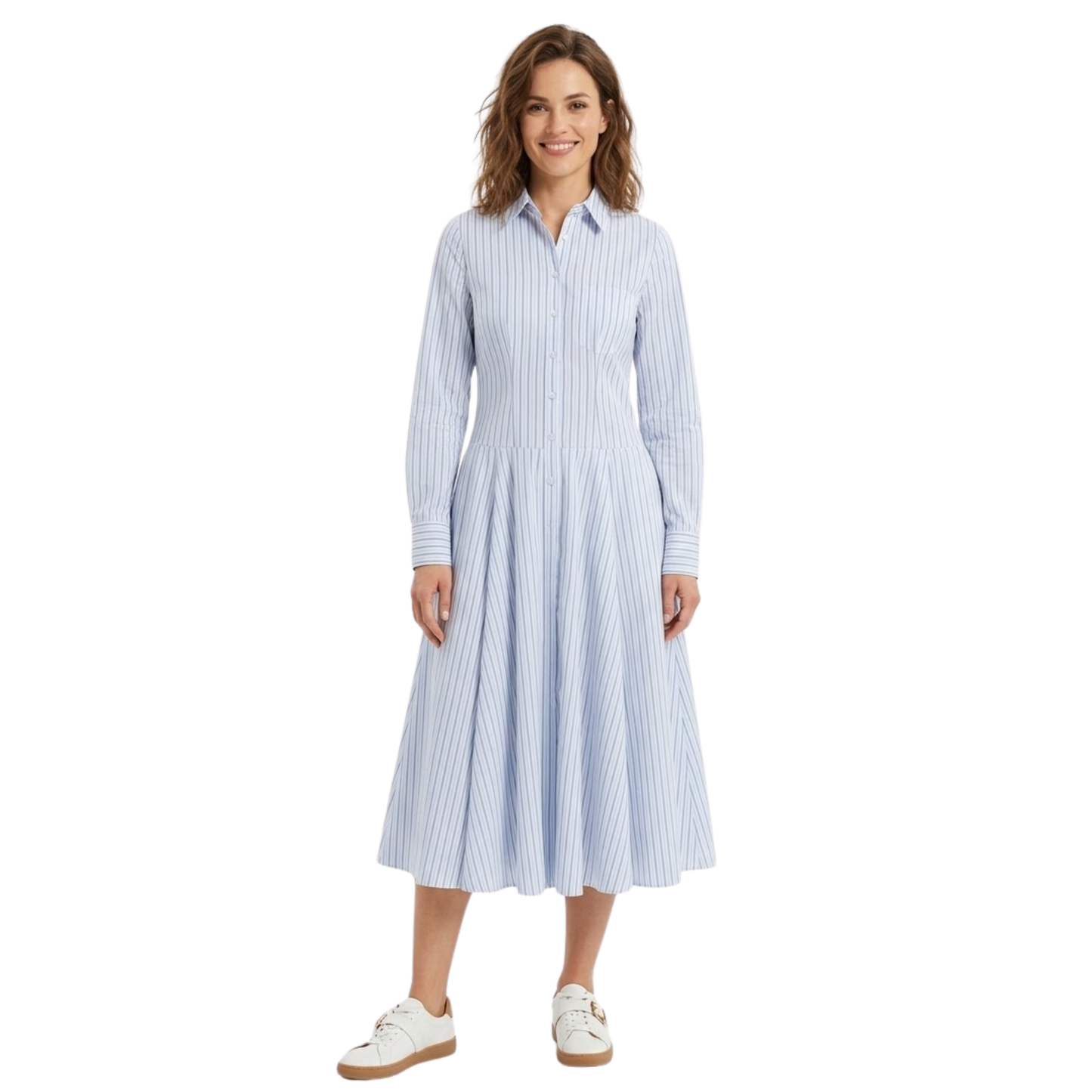 Robe Longue Rayée pour Femmes avec Col à Revers et Manches Longues Boutonnées