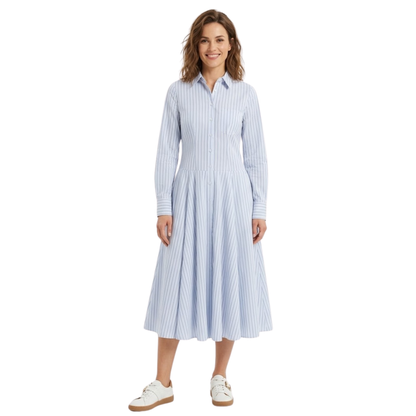Robe Longue Rayée pour Femmes avec Col à Revers et Manches Longues Boutonnées