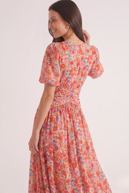 Robe Longue Élégante en Mousseline à Imprimé Floral et Col V