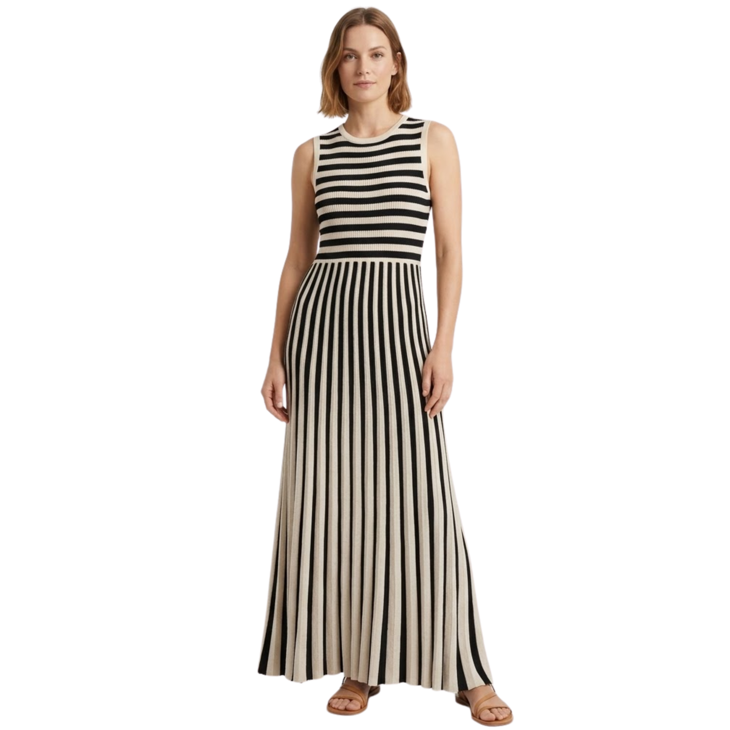 Robe Longue en Maille Sans Manches à Rayures et Col Rond pour Femmes