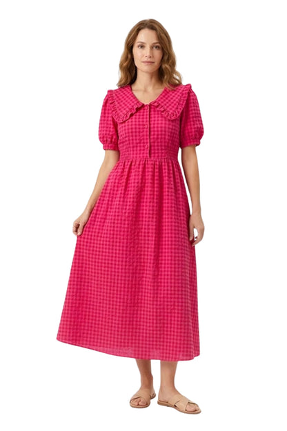 Robe Longue à Carreaux avec Col Claudine et Manches Bouffantes pour Femmes
