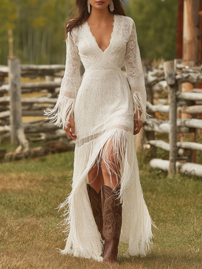 Retro White Lace V-neck Long Sleeve Tassel Short Front And Long Back Skirt Maxi Dress