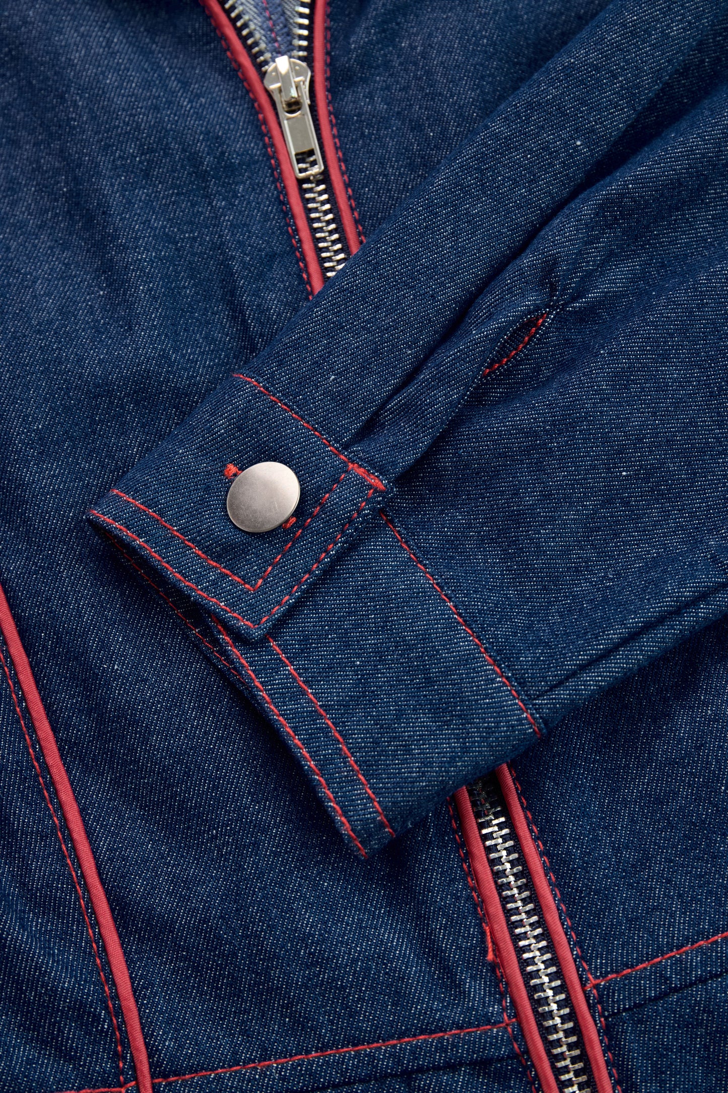 Casual Loose Retro Red Topstitched Denim Wide Leg Long Sleeve Jumpsuit