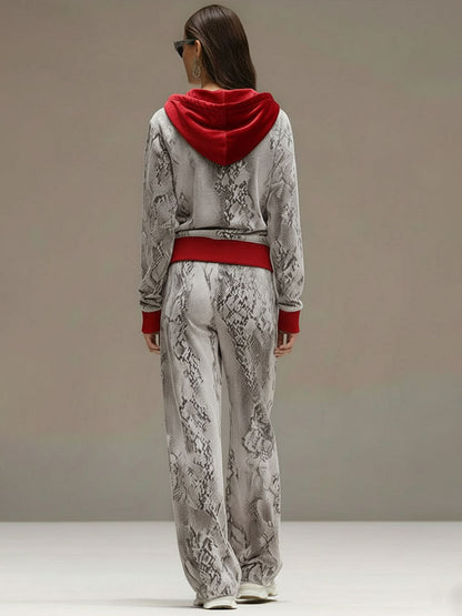Casual Sporty Retro Snakeskin Gray Velvet Hooded Sweatshirt Wide-Leg Set