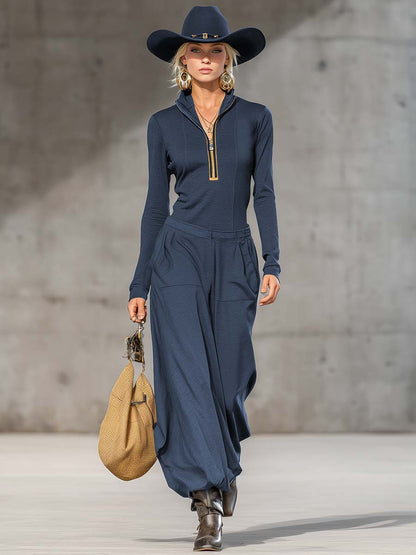 Casual Retro Sports Dark Gray Half-high Collar Front Zipper Long-sleeved Top And Wide Pants Set