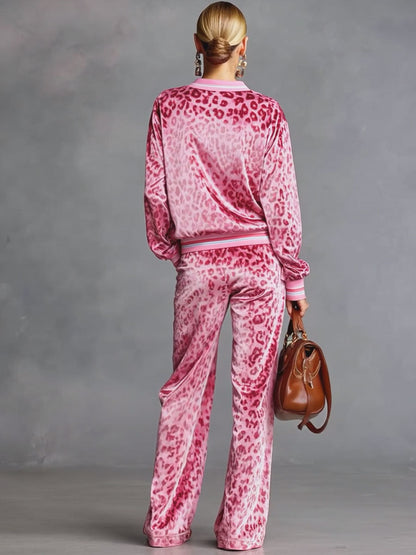 Casual Sporty Retro Pink Velvet Leopard Print Sweatshirt And Wide-Leg Pants Set