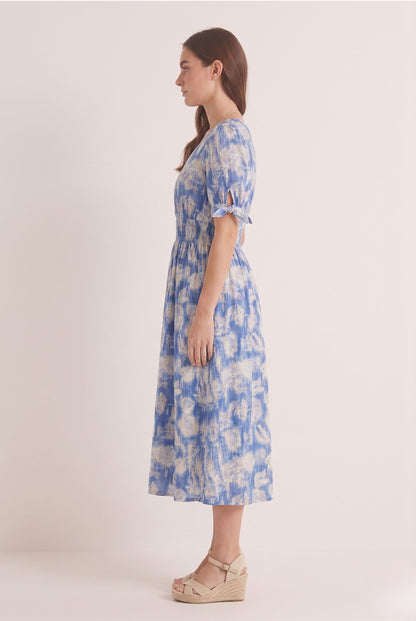 Robe Mi-Longue Bleue à Motif Floral, Boutonnée et Taille Smockée