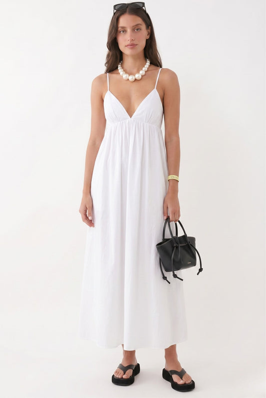 Robe Longue Blanche Minimaliste à Col V et Dos Nu