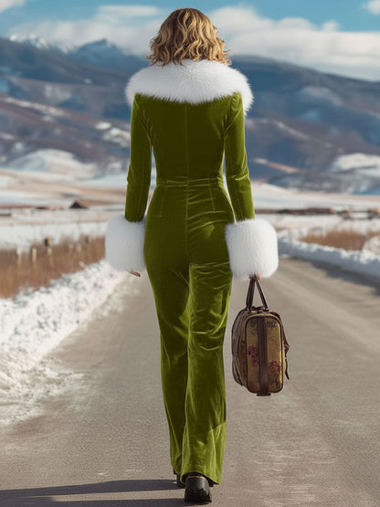 Fashion Retro Rose Red Velvet Faux Fur Collar Long Sleeve Flared Jumpsuit