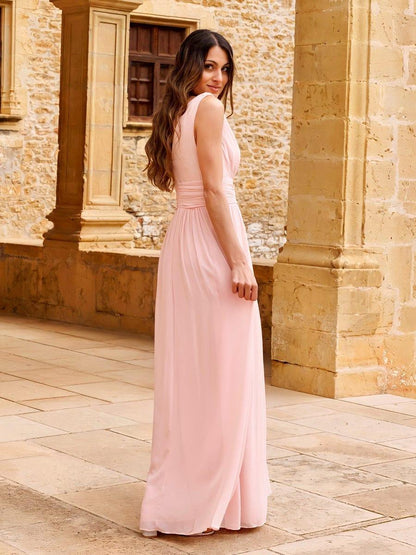 ever HUSH|V Neck Sleeveless Pleated Chiffon Evening Dress