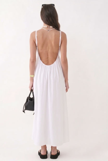 Robe Longue Blanche Minimaliste à Col V et Dos Nu