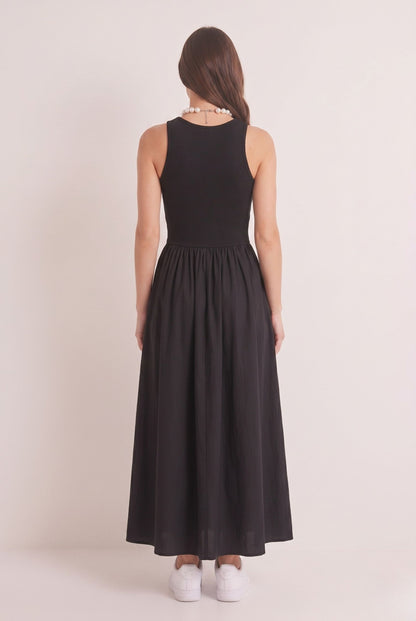 Robe Longue Noire Chic Bi-Matière à Encolure Haute