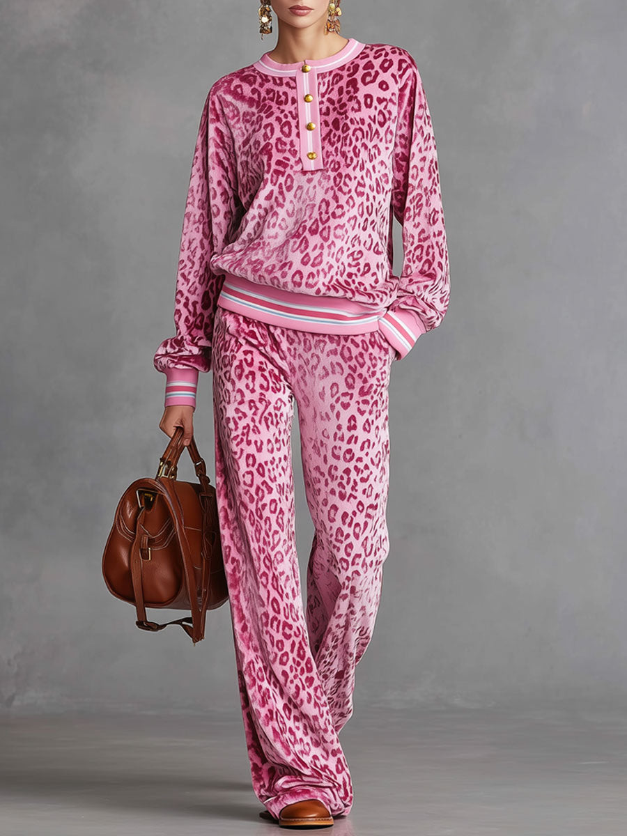 Casual Sporty Retro Pink Velvet Leopard Print Sweatshirt And Wide-Leg Pants Set