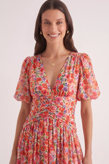 Robe Longue Élégante en Mousseline à Imprimé Floral et Col V