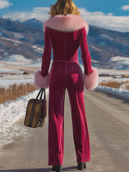 Fashion Retro Rose Red Velvet Faux Fur Collar Long Sleeve Flared Jumpsuit