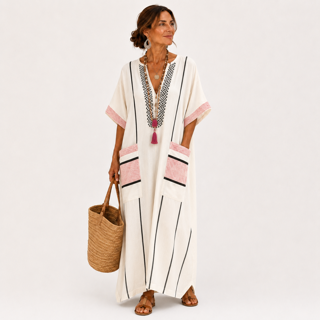 Adara | Caftan Écru à Rayures