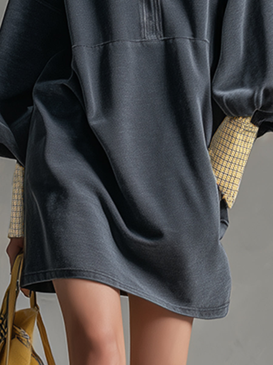 Casual Sporty Plaid Trim Gray Washed Cotton Sweatshirt Mini Dress