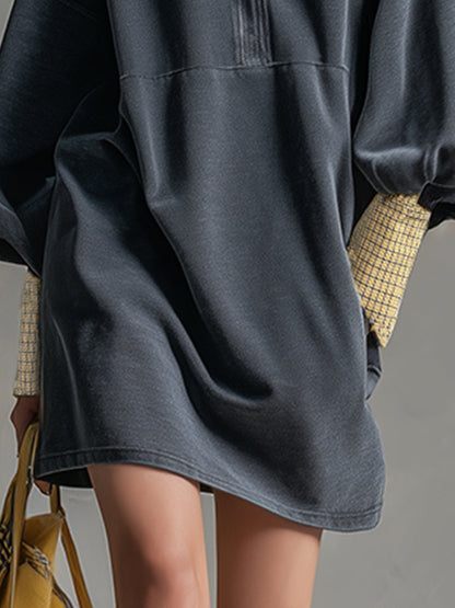 Casual Sporty Plaid Trim Gray Washed Cotton Sweatshirt Mini Dress