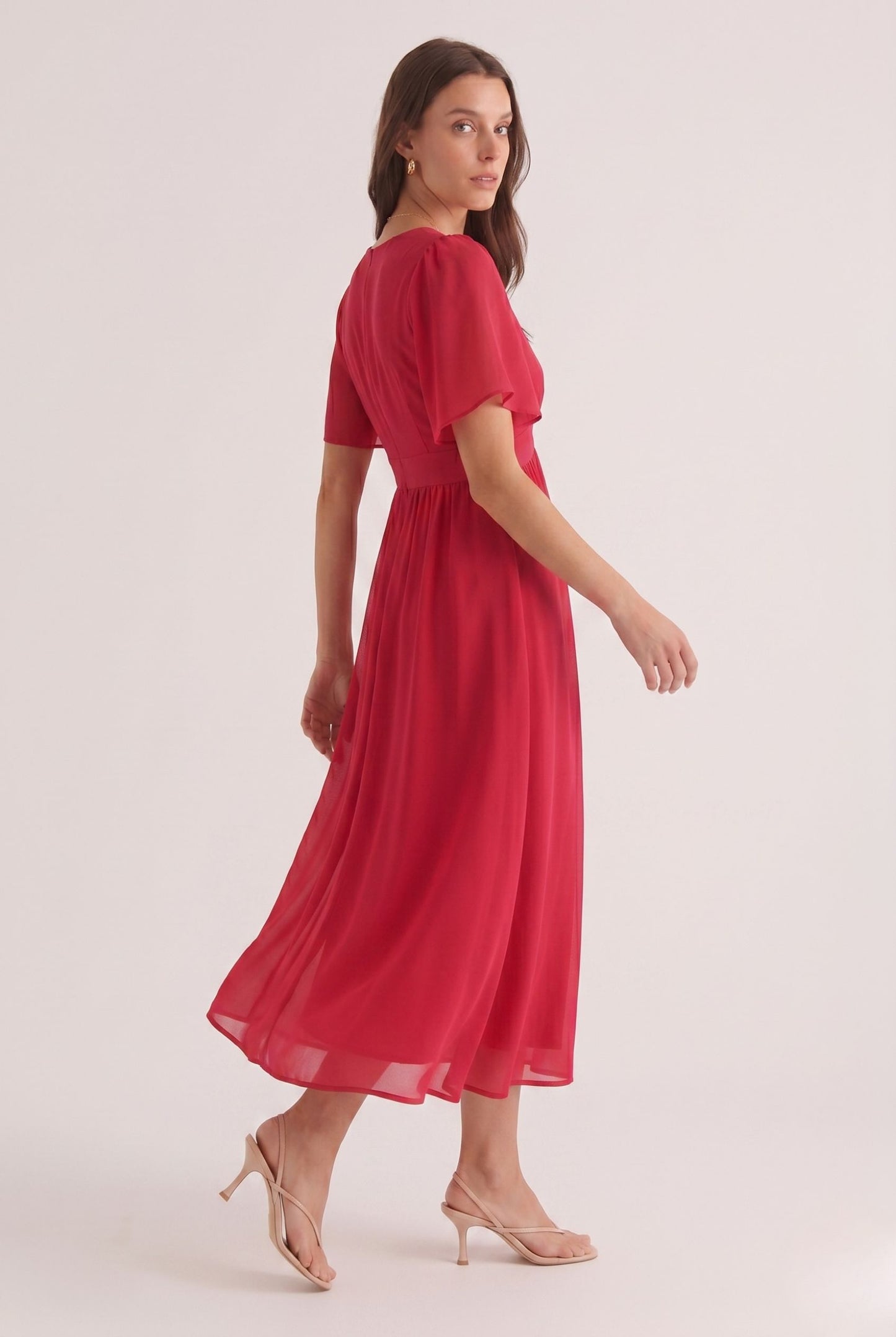 Robe Mi-Longue Éclatante en Mousseline à Col V et Manches Papillon