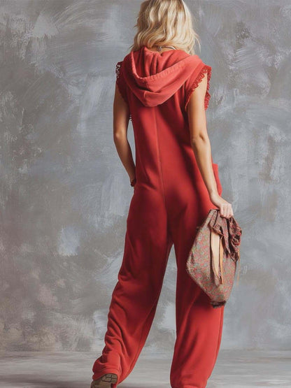 Retro Fashiona Sporty Hooded V-neck Front Zipper Raspberry Red Cotton Jumpsuit