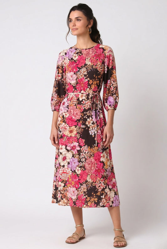 Robe Mi-Longue Élégante à Imprimé Floral Riche et Ceinture à Nouer