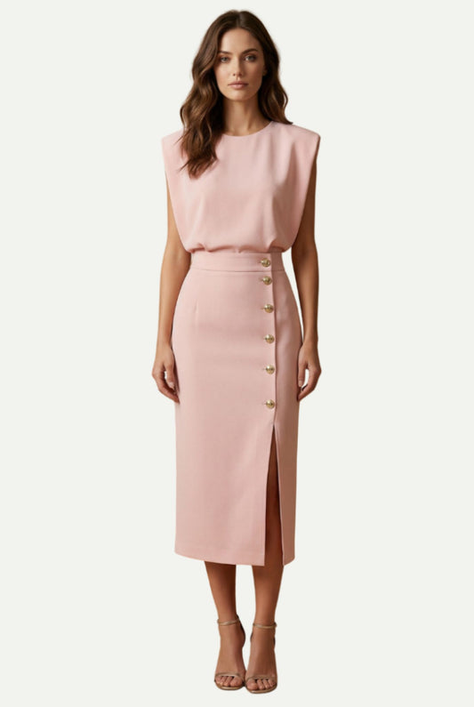 Élise | Robe Midi Fendue à Boutons